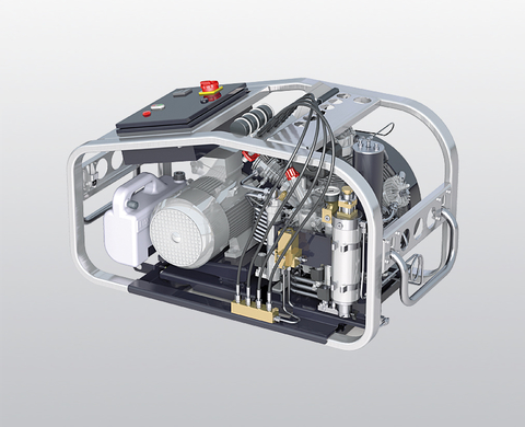 Compressore per aria respirabile BAUER MARINER 320-E con motore elettrico e unità di comando, vista posteriore